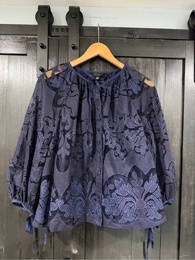 Ted Baker London Navy Floral Burnout Tie-Neck Blouse